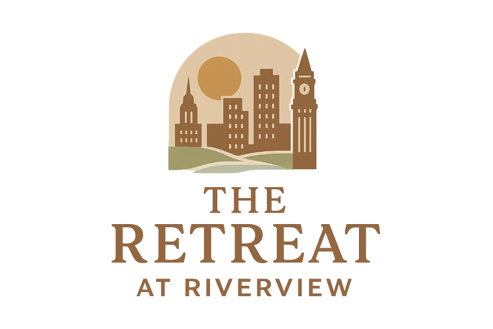 The logo for "The Retreat at Riverview" features a stylized city skyline.